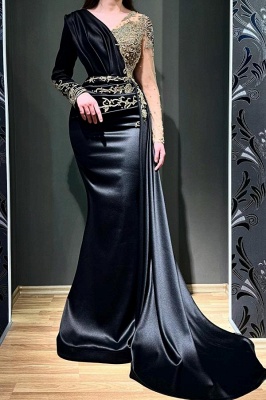 Elegant Black V-Neck Mermaid Floor-Length Long Sleeve Stretch Satin Prom Dress_1