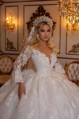 Elegant V-Neck Long Sleeves Sweetheart Floor Length Ball Gown Wedding Dress with Appliques_3