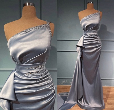 Charming Grey Asymmetrical One Shoulder Beading Sleeveless Mermaid Prom Dress with Ruffles_3