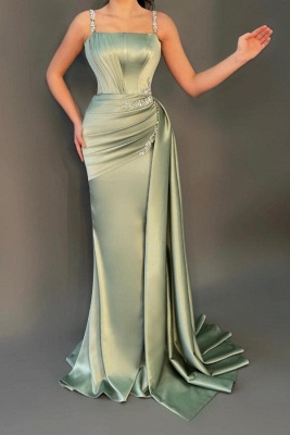 Elegant Green Spaghetti Strap Floor-Length Beading Mermaid Sleeveless Prom Dress with Ruffles_1