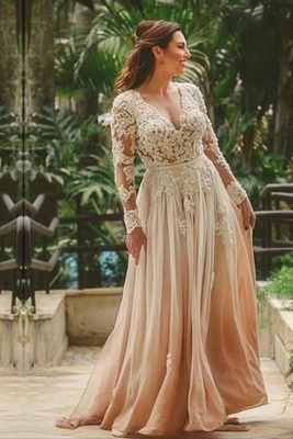 Gorgeous V-Neck Long Sleeves Floor Length Lace Chiffon Wedding Dress_1