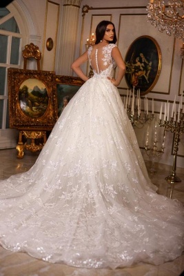 Exquisite Sleeveless Floor Length Deep A-Line V-Neck Lace Ball Gown Wedding Dress with Appliques_2