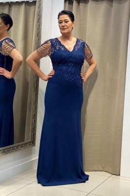 Elegant Dark Blue V-Neck Floor-Length Mother Prom Dress with Appliques_1
