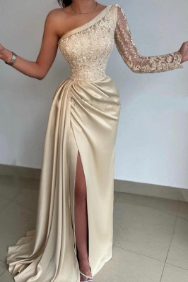 Gorgeous Champagne Asymmetrical Floor Length Long Sleeve Prom Dress with Ruffles_1