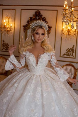 Elegant V-Neck Long Sleeves Sweetheart Floor Length Ball Gown Wedding Dress with Appliques_4