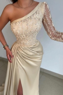 Gorgeous Champagne Asymmetrical Floor Length Long Sleeve Prom Dress with Ruffles_3