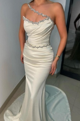 Gorgeous White Beading Asymmetrical Mermaid Stretch Satin Prom Dress with Ruffles_3