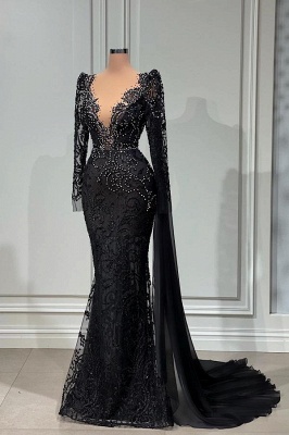 Charming Black V-Neck Long Sleeves Mermaid Prom Dress with Appliques_2