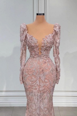 Exquisite Pink V-Neck Floor Length Long Sleeves Prom Dress with Appliques_2