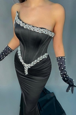 Elegant Black Beading Strapless Mermaid Sleeveless Stretch Satin Prom Dress with Ruffles_3