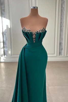 Elegant Dark Green Strapless Floor Length Sleeveless Stretch Satin Prom Dress with Ruffles_2