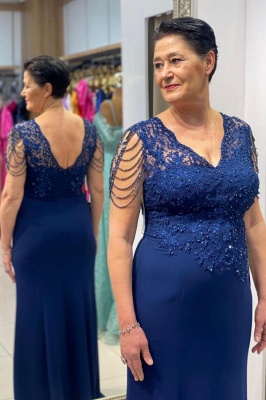 Elegant Dark Blue V-Neck Floor-Length Mother Prom Dress with Appliques_2