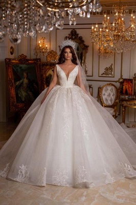 Exquisite Floor Length Deep V-Neck Lace Ball Gown Tulle Wedding Dress with Appliques_1
