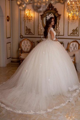 Charming Long Sleeve Floor Length Deep V-Neck Tulle Ball Gown Wedding Dress with Appliques_2