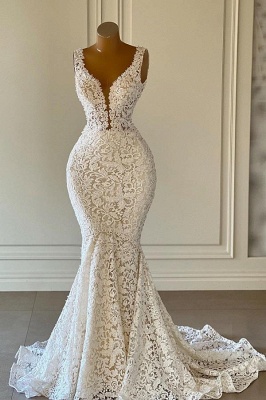 Charming Mermaid V-Neck Floor-Length Wedding Dress with Ruffles_1
