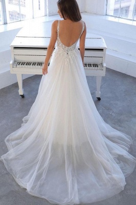 Exquisite V-Neck Chapel Train Sleeveless A-Line Tulle Wedding Dress with Appliques_2