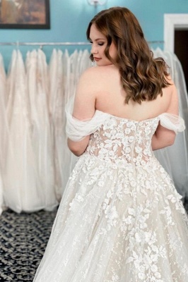 Elegant Sleeveless A-Line Off the Shoulder Chapel Lace Wedding Dress with Appliques_2