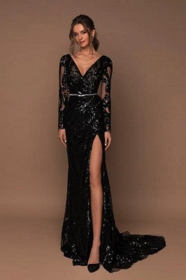 Elegant Black V-Neck Long Sleeve Front Split Mermaid Prom Dress with Ruffles_1
