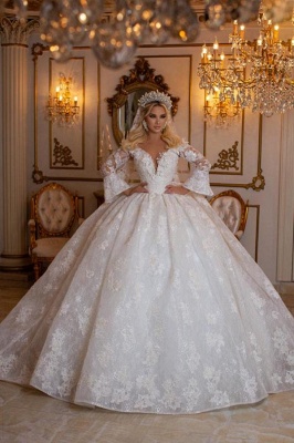 Elegant V-Neck Long Sleeves Sweetheart Floor Length Ball Gown Wedding Dress with Appliques_1