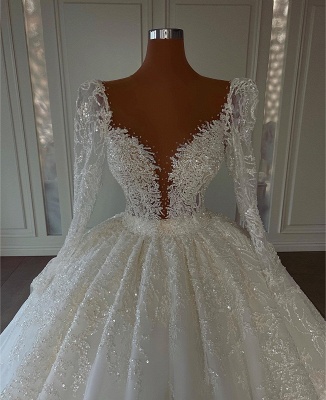 Exquisite Long Sleeve Floor Length Deep V-Neck Lace Ball Gown Wedding Dress with Appliques_4