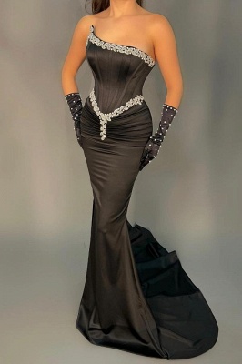 Elegant Black Beading Strapless Mermaid Sleeveless Stretch Satin Prom Dress with Ruffles_2