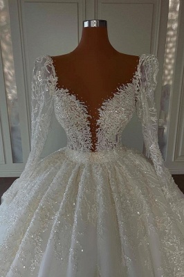 Exquisite Long Sleeve Floor Length Deep V-Neck Lace Ball Gown Wedding Dress with Appliques_2