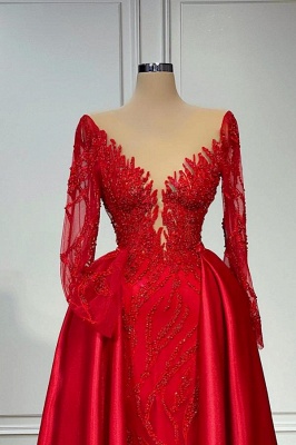 Gorgeous Red Long Sleeves A-Line Floor Length Stretch Satin Prom Dress with Ruffles_2