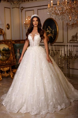 Exquisite Sleeveless Floor Length Deep A-Line V-Neck Lace Ball Gown Wedding Dress with Appliques_1
