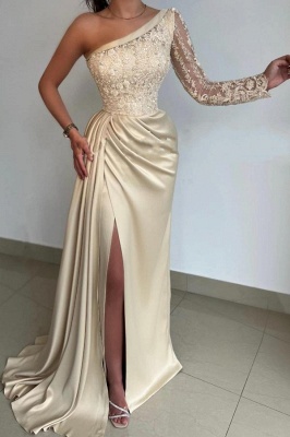 Gorgeous Champagne Asymmetrical Floor Length Long Sleeve Prom Dress with Ruffles_2