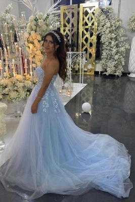 Charming Blue Strapless A-Line Floor Length Lace Tulle Prom Dress with Ruffles_2