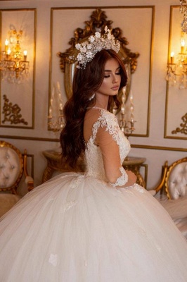 Charming Long Sleeve Floor Length Deep V-Neck Tulle Ball Gown Wedding Dress with Appliques_4