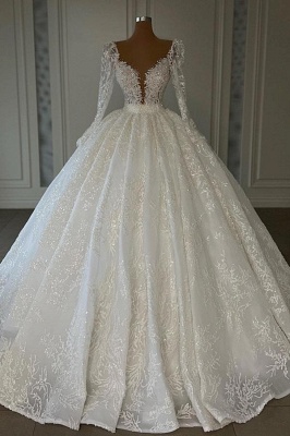 Exquisite Long Sleeve Floor Length Deep V-Neck Lace Ball Gown Wedding Dress with Appliques_1
