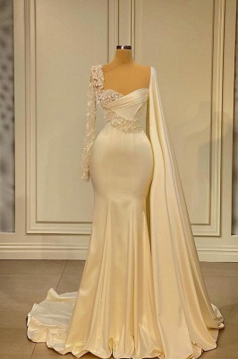 Charming Asymmetrical Beading Floor-Length Long Sleeves Zipper Mermaid Stretch Satin Prom Dress with Ruffles