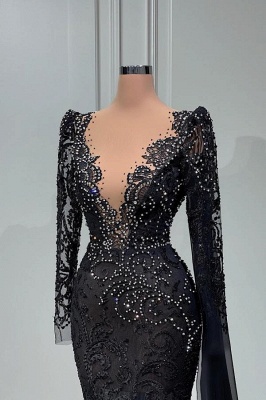 Charming Black V-Neck Long Sleeves Mermaid Prom Dress with Appliques_3