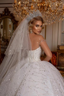 Elegant Sweetheart Off the Shoulder Floor Length Lace Ball Gown Wedding Dress with Appliques_5