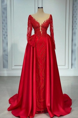 Gorgeous Red Long Sleeves A-Line Floor Length Stretch Satin Prom Dress with Ruffles_1