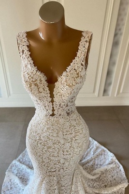 Charming Mermaid V-Neck Floor-Length Wedding Dress with Ruffles_2