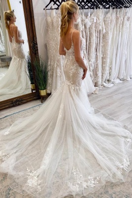 Elegant Spaghetti Strap Chapel Train A-Line Sweetheart Tulle Wedding Dress with Appliques_2