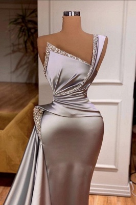 Charming Grey Asymmetrical One Shoulder A-Line Sleeveless Stretch Satin Prom Dress with Ruffles_2