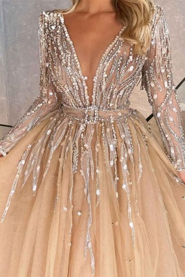 Fabulous Champagne Beading V-Neck Long Sleeves Prom Dress with Ruffles_2