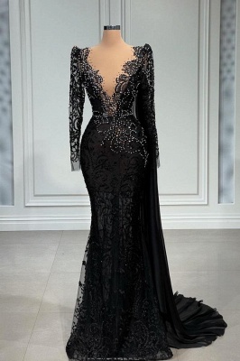 Charming Black V-Neck Long Sleeves Mermaid Prom Dress with Appliques_1