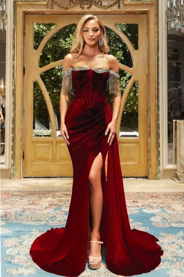 Fabulous Dark Red Velvet Off the Shoulder Sleeveless Mermaid Prom Dress with Ruffles_1