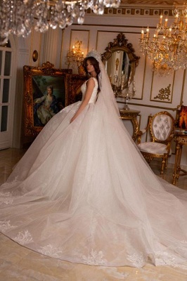 Exquisite Floor Length Deep V-Neck Lace Ball Gown Tulle Wedding Dress with Appliques_2
