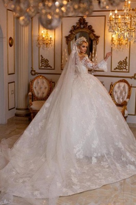 Elegant V-Neck Long Sleeves Sweetheart Floor Length Ball Gown Wedding Dress with Appliques_2