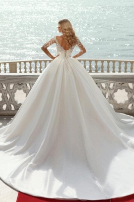Deluxe Sweetheart Long Sleeves Chapel Train Satin Ball Gown Wedding Dress with Pearls_2
