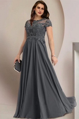Elegant Grey Jewel Floor Length Zipper Short Sleeves Sheath Chiffon Prom Dress with Ruffles_3