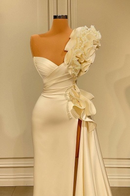 Elegant Ivory Asymmetrical Strapless Sleeveless Stretch Satin Prom Dress with Ruffles_2