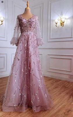 Exquisite Yellow Beading V-Neck Floor Length Long Sleeves A-Line Prom Dress_4