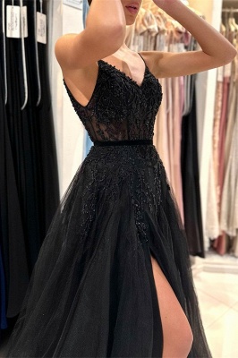Chic Black Spaghetti Straps Beading A-Line Tulle Prom Dress_2