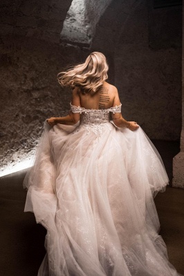 Elegant Off the Shoulder sweetheart white chiffon tulle wedding dress_3